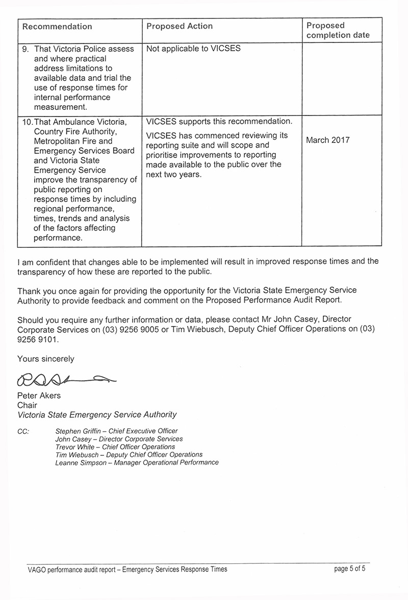 Response provided by the Chair, Victoria State Emergency Service, page 5.