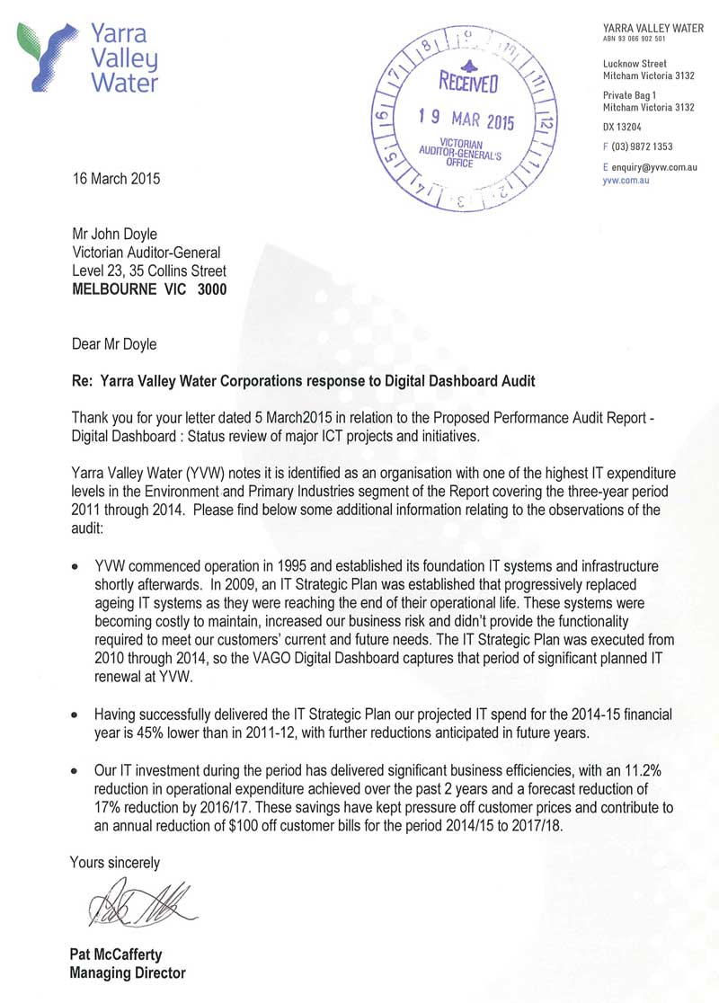 RESPONSE provided by the Managing Director, Yarra Valley Water Corporation 