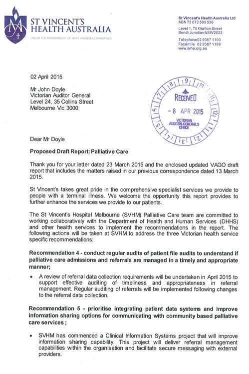 Response provided by the Chairman, St Vincent's Health Australia, page 1.