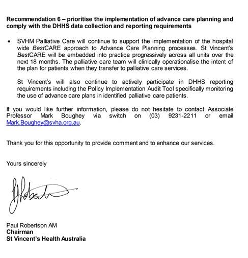Response provided by the Chairman, St Vincent's Health Australia, page 2.