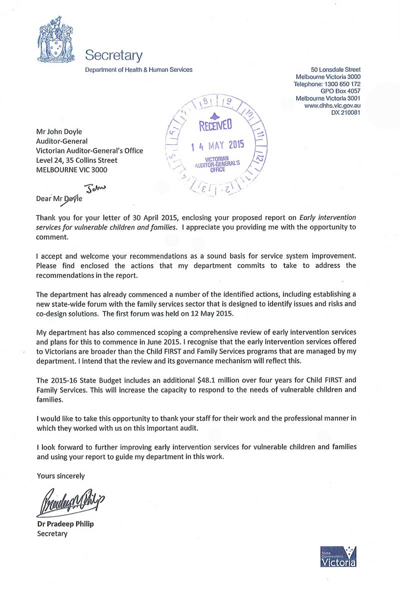 Response provided by the Secretary, Department of Health & Human Services, page 1.