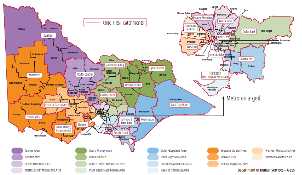 Child FIRST was rolled out from 2006 to 2009. There are 24 Child FIRST catchment areas across Victoria, as shown in Figure 1D.