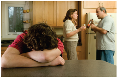 Image is of boy with his head down and his parents arguing in the background. Photograph courtesy of threerocksimages/Shutterstock.com