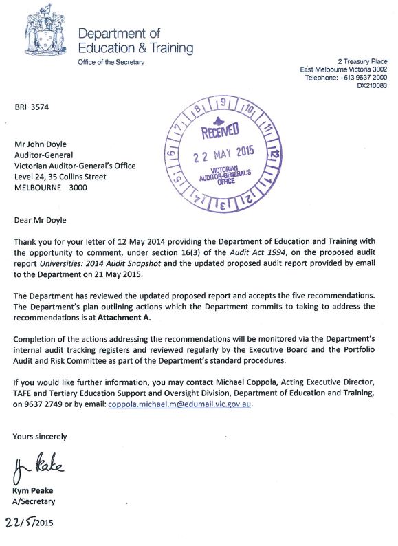 Response provided by the Acting Secretary, Department of Education & Training, page 1.