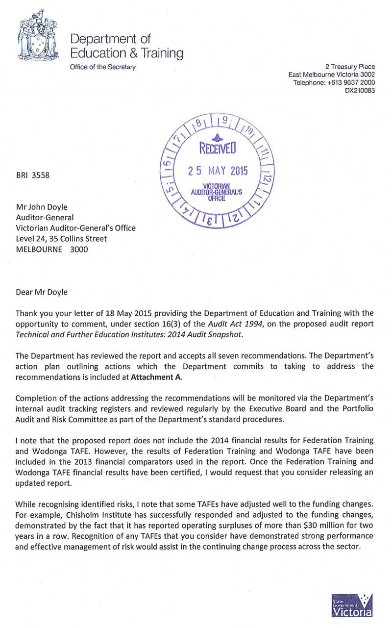 Response provided by the Acting Secretary, Department of Education & Training, page 1