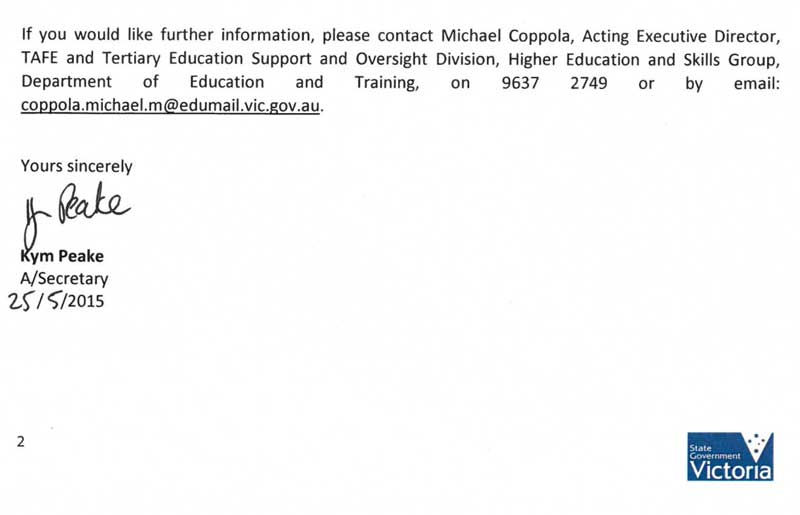 Response provided by the Acting Secretary, Department of Education & Training, page 2