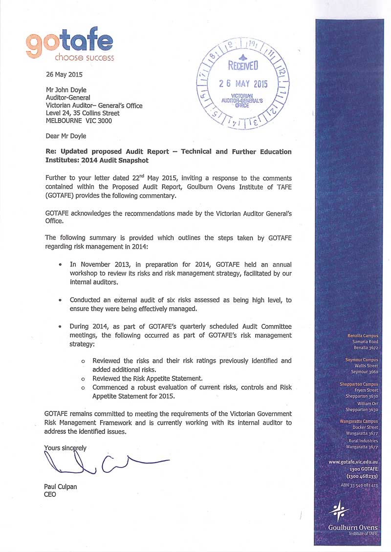 Response provided by the Chief Executive Officer, Goulburn Ovens Institute of TAFE, page 1