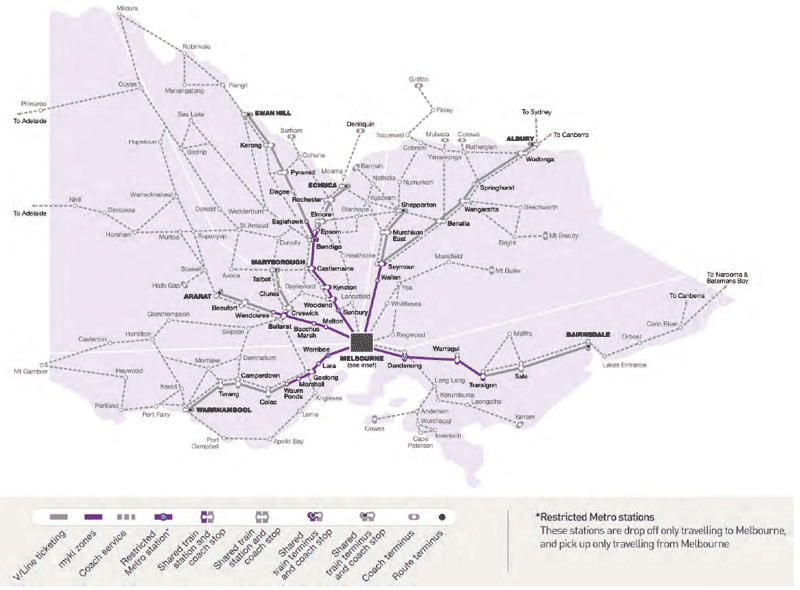 Map of myki on the regional train and coach network.