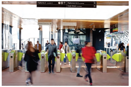 Image is of entry/exit gates at a Melbourne train station. Photograph courtesy of Public Transport Victoria.