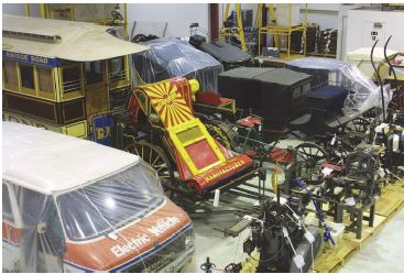 Photo various modes of historical
transport and printing presses, Museum Victoria collection facility.
Source: Museum Victoria / Photographer: John Broomfield.