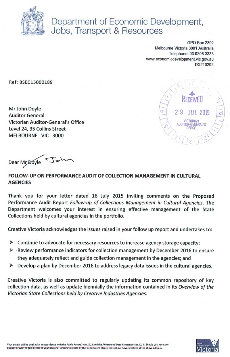 RESPONSE provided by the Acting
Secretary, Department of Economic Development, Jobs, Transport & Resources