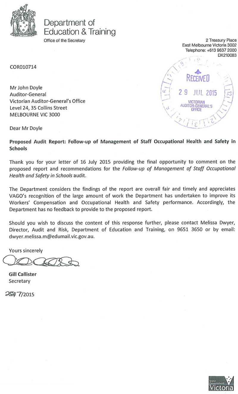 RESPONSE provided by the Secretary, Department of Education and Training