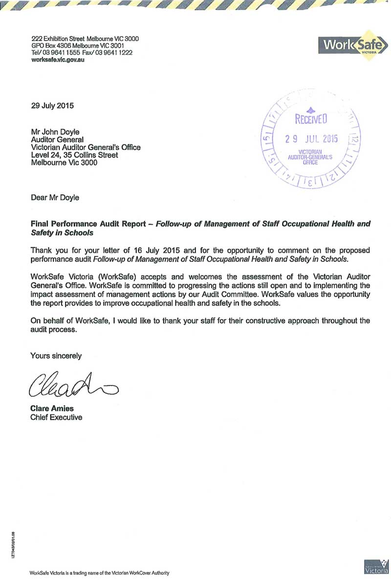 RESPONSE provided by the Chief Executive, WorkSafe Victoria