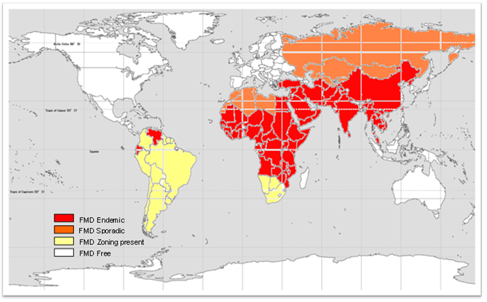 Figure 3B shows that, while Australia is free of FMD, the disease is established in numerous other countries.