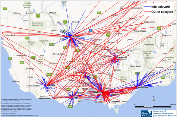 The following map shows the movements of cattle and sheep into and out of saleyards on 29 January 2015, the day after the suspected FMD case was reported.