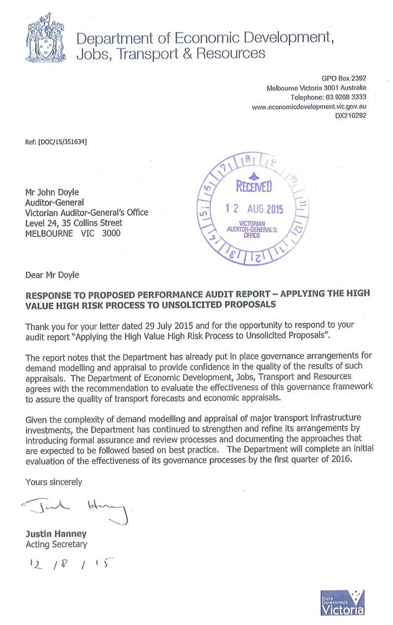RESPONSE provided by the
Secretary, Department of Economic Development, Jobs, Transport & Resources
