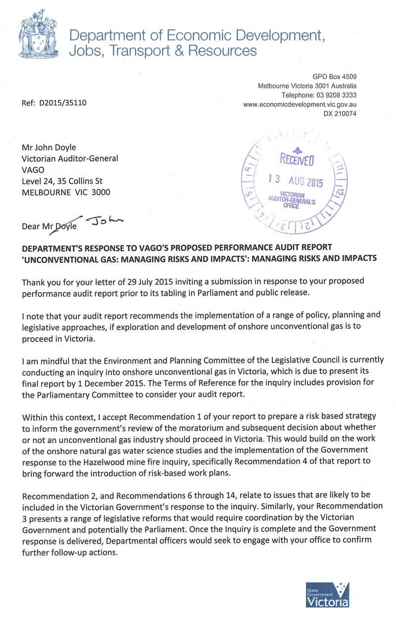 Response provided by the Acting Secretary, Department of Economic Development, Jobs, Transport & Resources, page 1