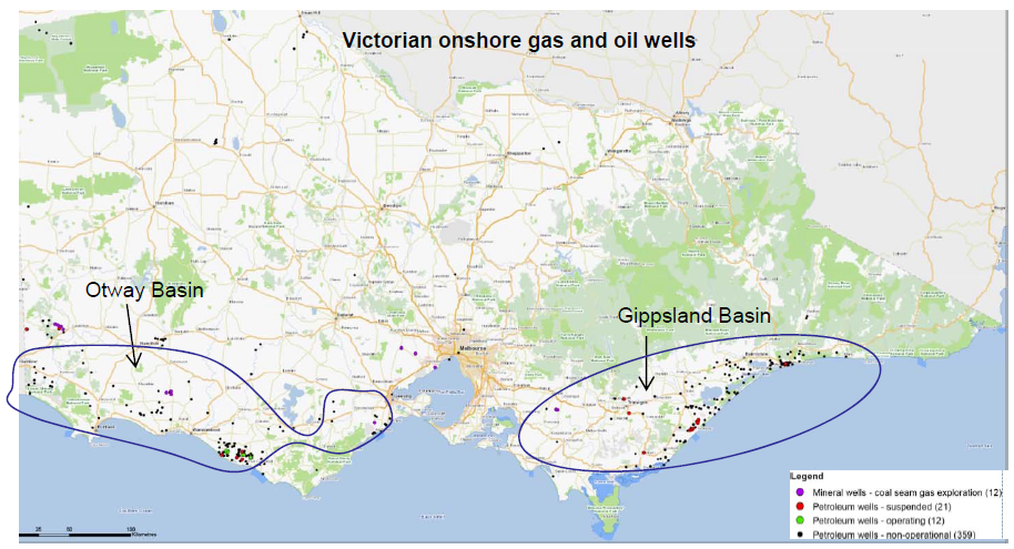 Map of Victorian onshore gas and oil wells.