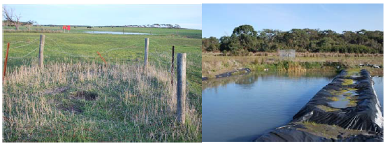 Rehabilitated site in fenced area (left) and a poorly rehabilitated site with the sumps not filled in (right). Photographs courtesy of DEDJTR