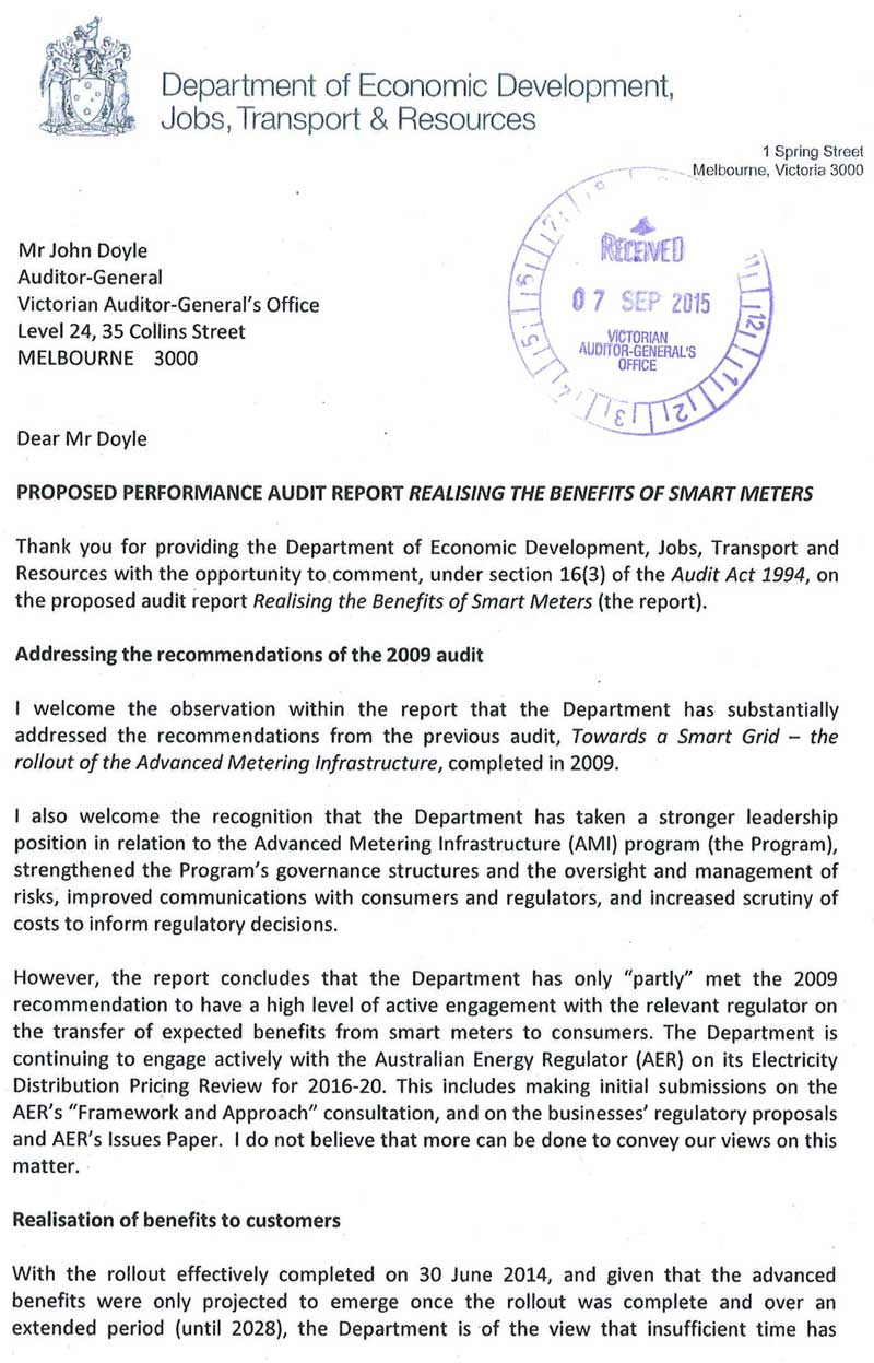 Response provided by the Secretary, Department of Economic Development, Jobs, Transport & Resources, page 1.