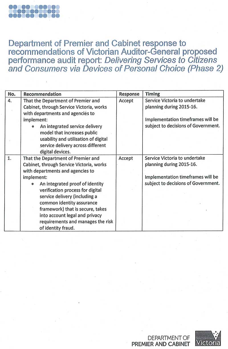 Response provided by the Acting Secretary, Department of Premier & Cabinet, page 2.