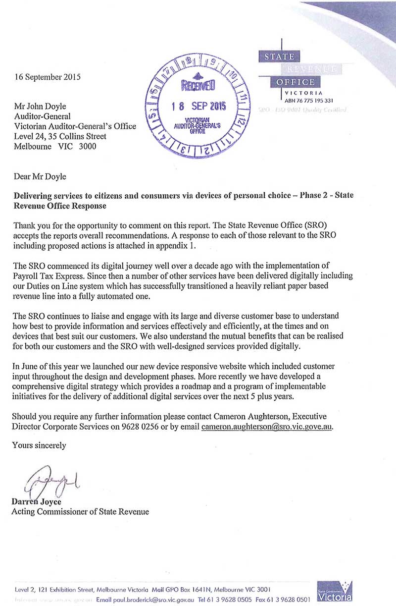 Response provided by the Acting Commissioner of State Revenue, State Revenue Office, page 1.