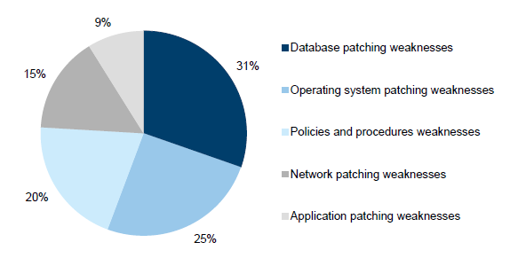 Figure 3K shows most IT change management findings related to database patching, operating system patching and policy and procedures. Collectively, these accounted for 76 per cent of all our patch management findings.