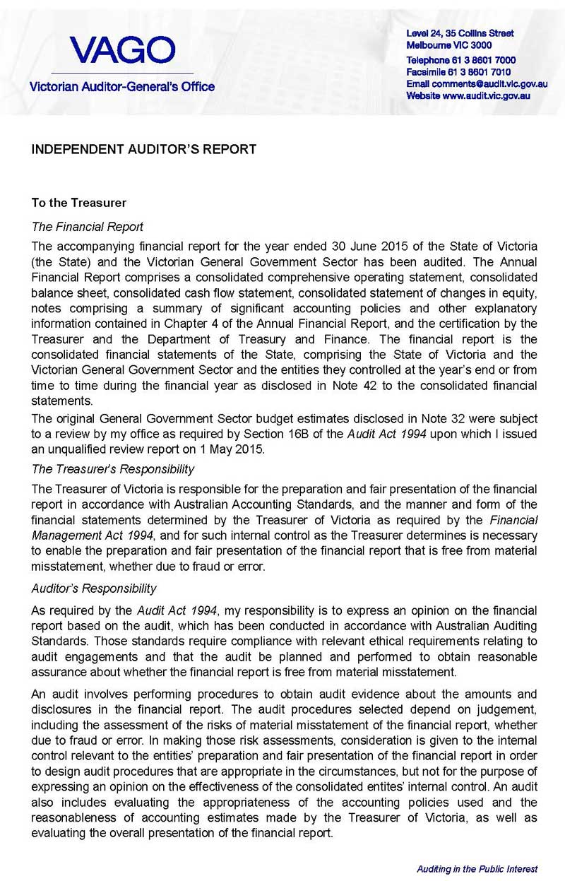 Auditor-General's opinion on the Annual Financial Report of the State of Victoria, 2014–15, pg 1.