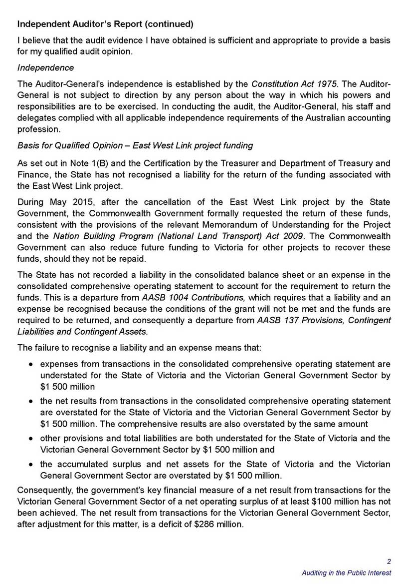 Auditor-General's opinion on the Annual Financial Report of the State of Victoria, 2014–15, pg 2.