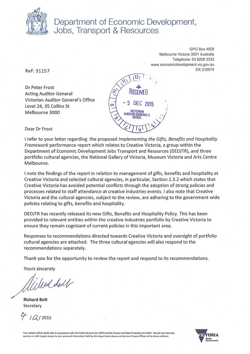 Response provided by the Secretary, Department of Economic Development, Jobs, Transport & Resources