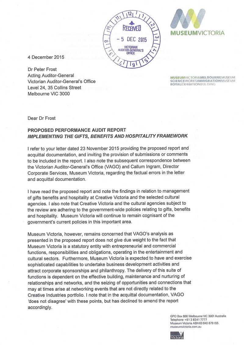 Response provided by the President, Museums Board of Victoria