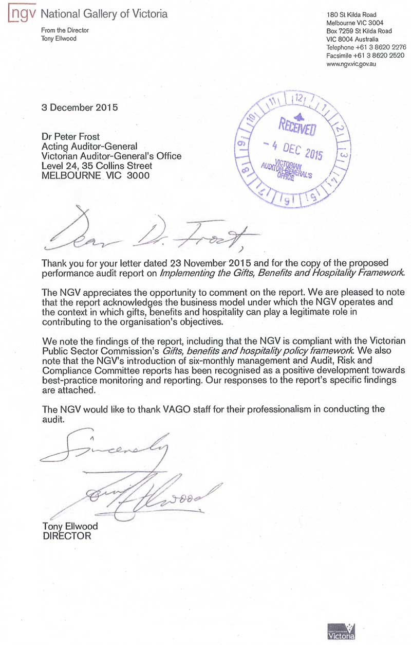 Response provided by the President, Arts Centre Melbourne