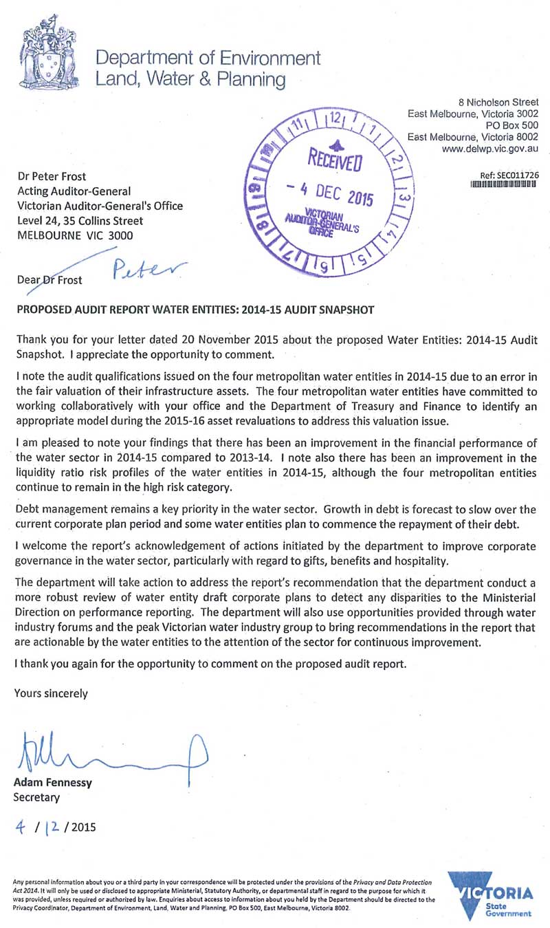 Response provided by the Secretary, Department of Environment, Land, Water & Planning
