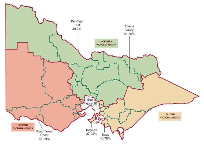 Figure 2A is a map of Victoria showing the regional voting districts and which ones had the highest percentage voter turn out.