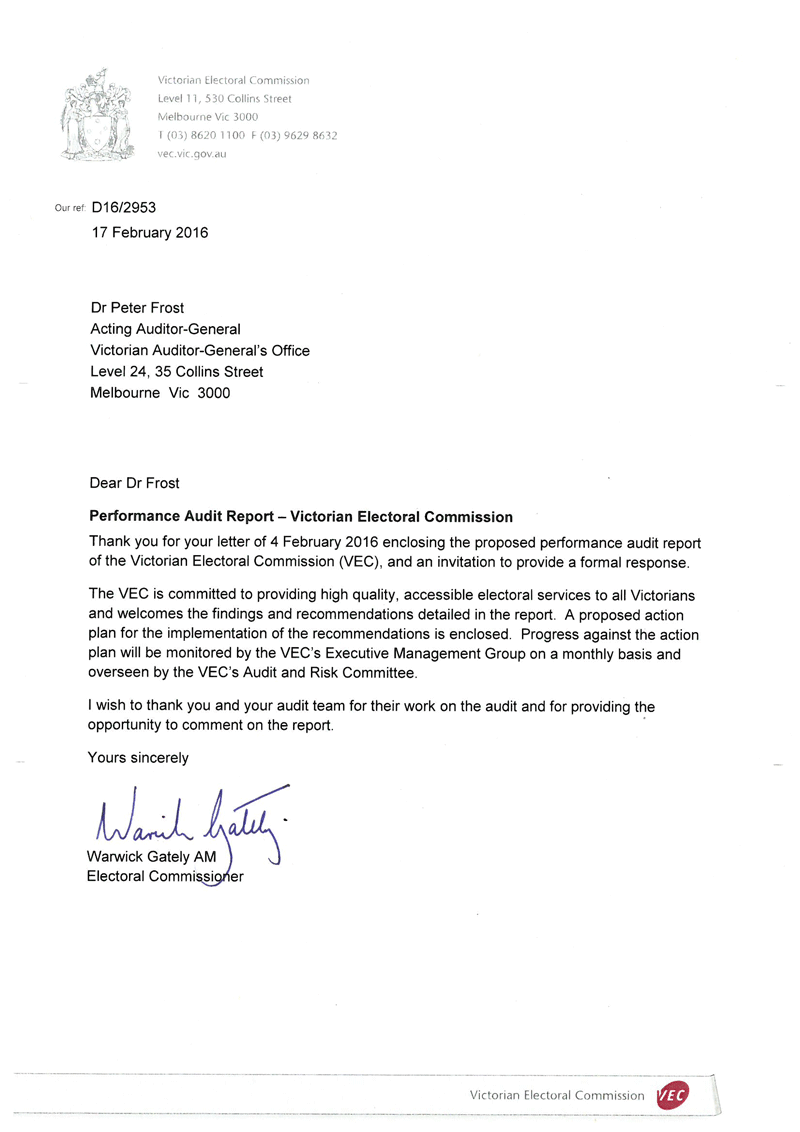 RESPONSE provided
by the Electoral Commissioner, Victorian Electoral Commission