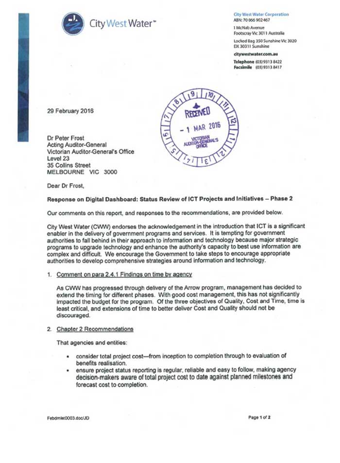 RESPONSE provided by the Chairman, City West Water