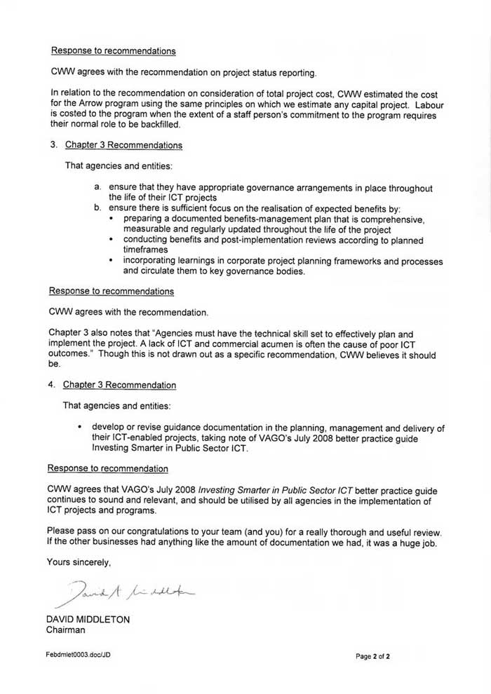 RESPONSE provided by the Chairman, City West Water