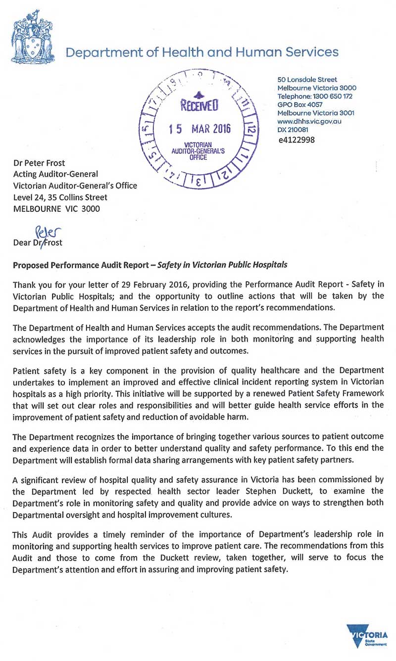 Response provided by the Secretary, Department of Health & Human Services, page 1.
