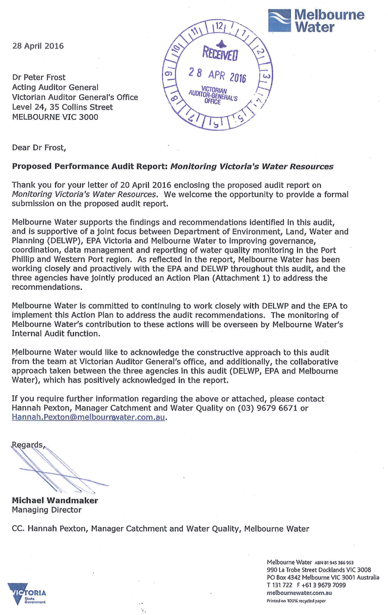 RESPONSE provided by the Managing Director, Melbourne Water
