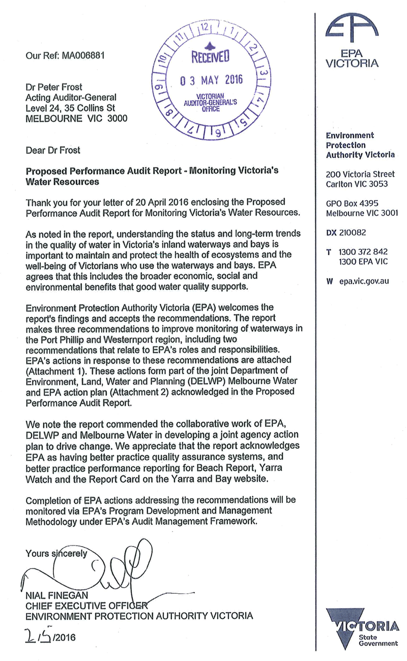RESPONSE provided by the Chief Executive Officer, Environment Protection Authority Victoria