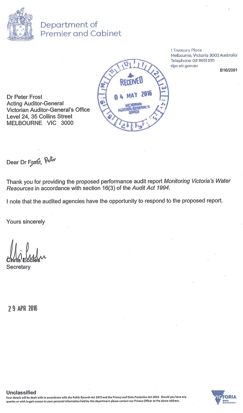 RESPONSE provided by the Secretary, Department of Premier & Cabinet