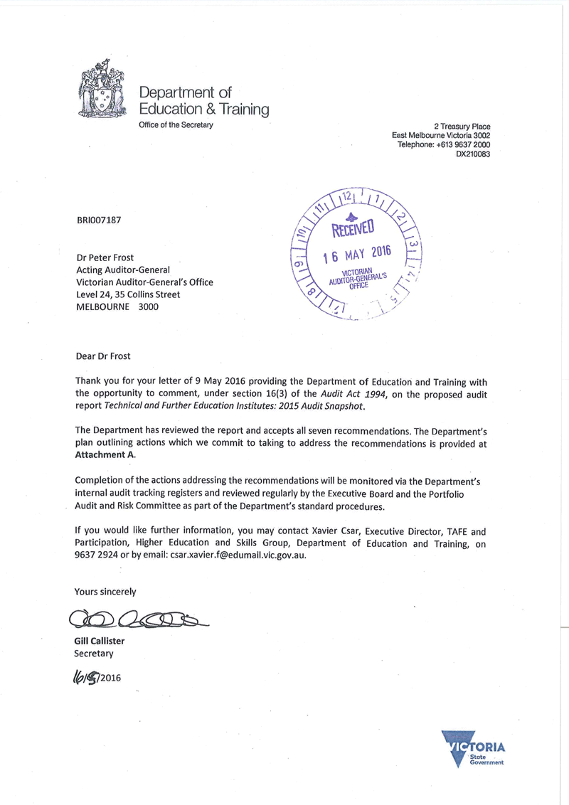 RESPONSE provided by the Chief
Executive Officer, Melbourne Polytechnic