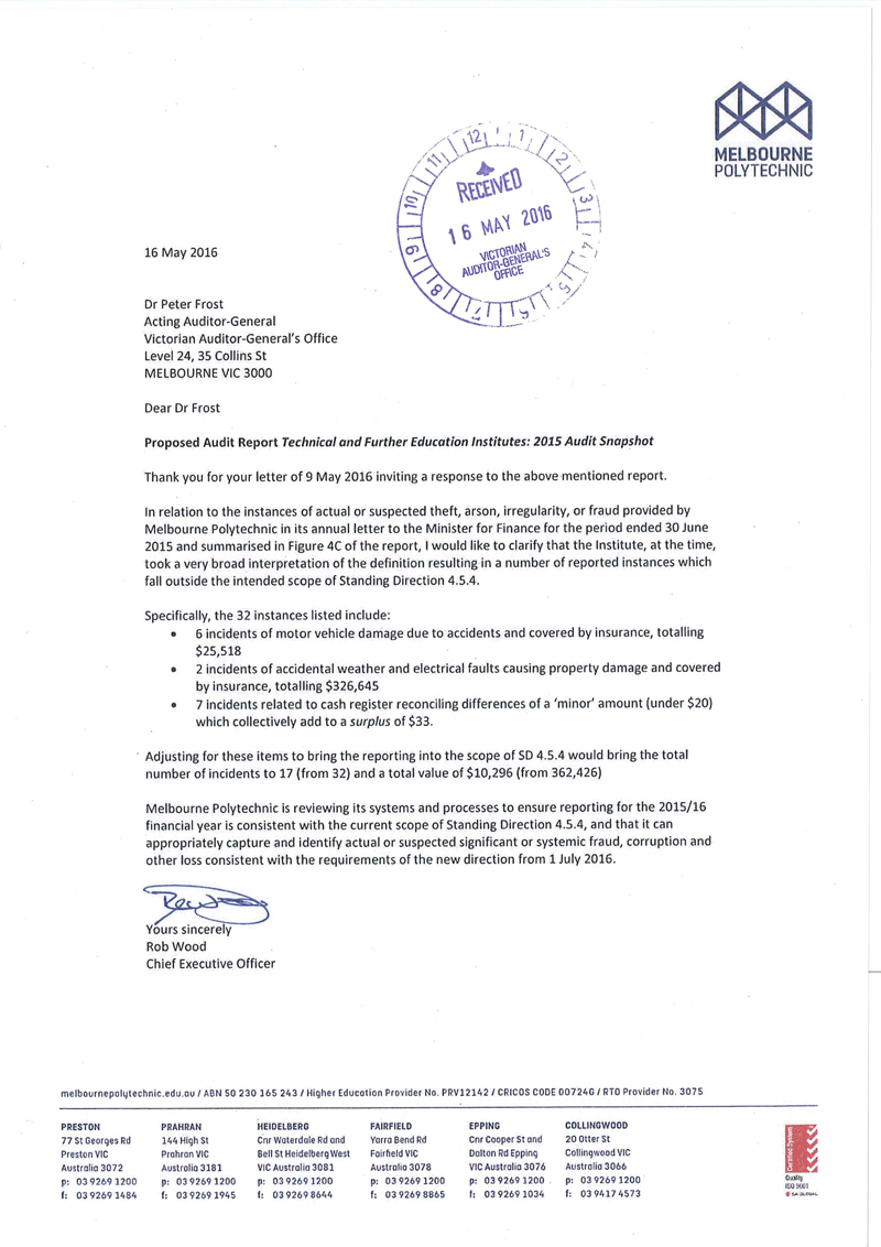 RESPONSE provided by the Chief
Executive Officer, Melbourne Polytechnic