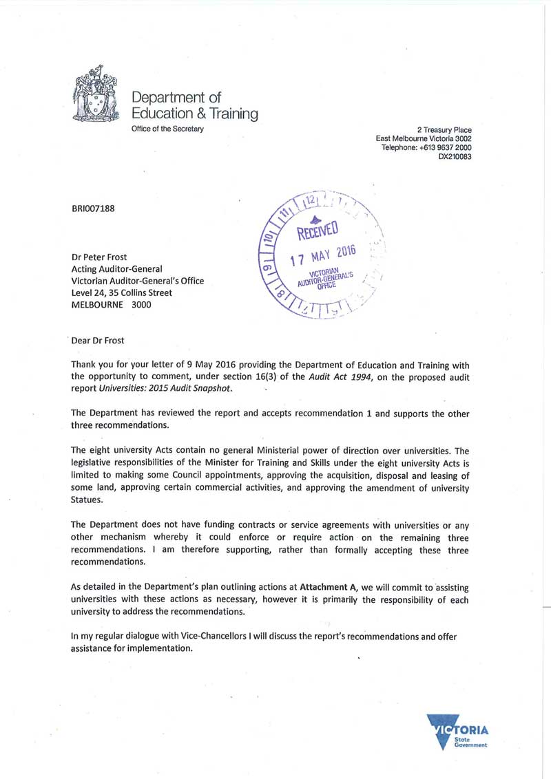 RESPONSE provided by the Secretary, Department of Education & Training