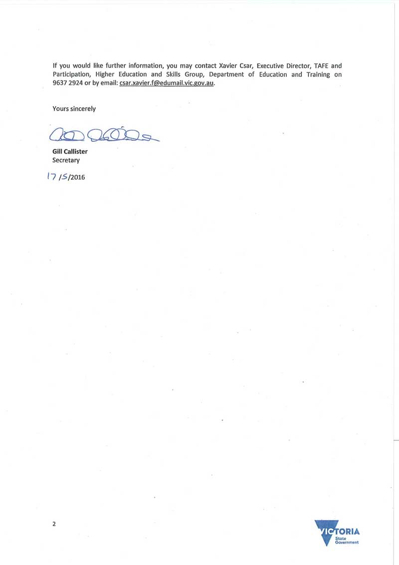 RESPONSE provided by the Secretary, Department of Education & Training