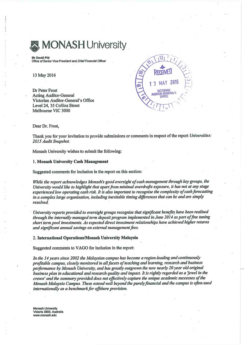 RESPONSE provided by the Senior Vice-President and Chief Financial Officer, Monash University