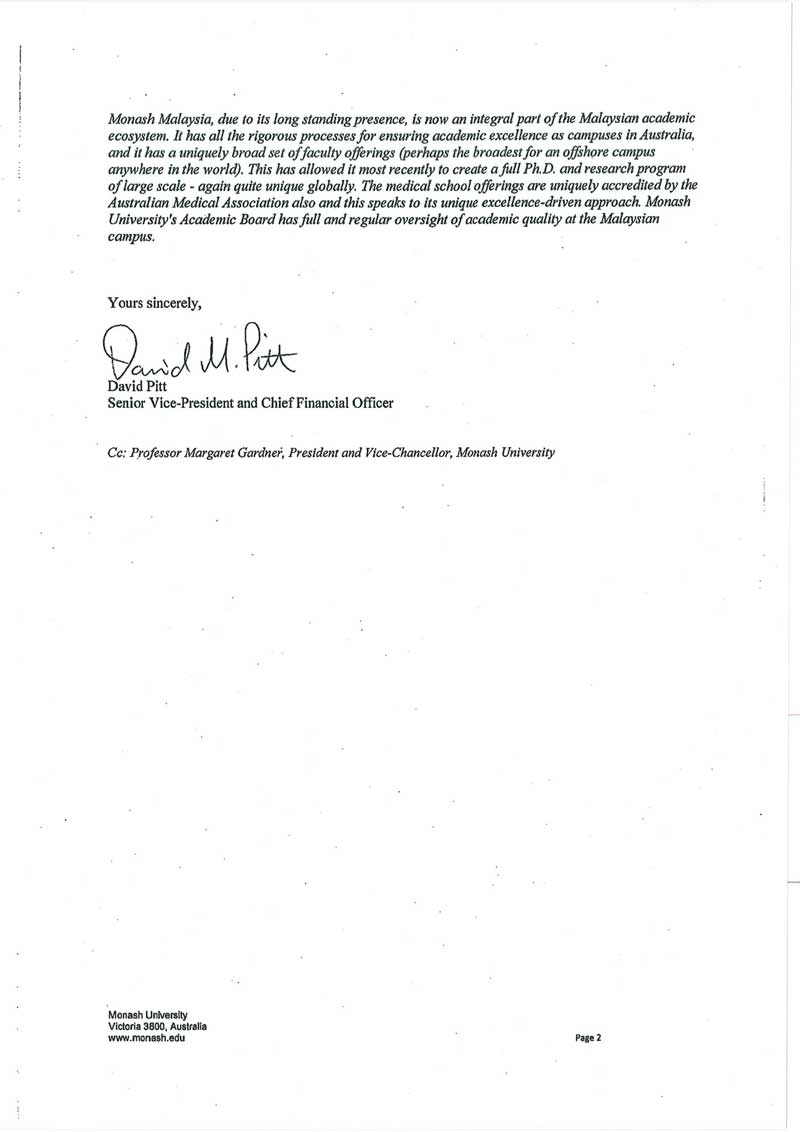 RESPONSE provided by the Senior Vice-President and Chief Financial Officer, Monash University