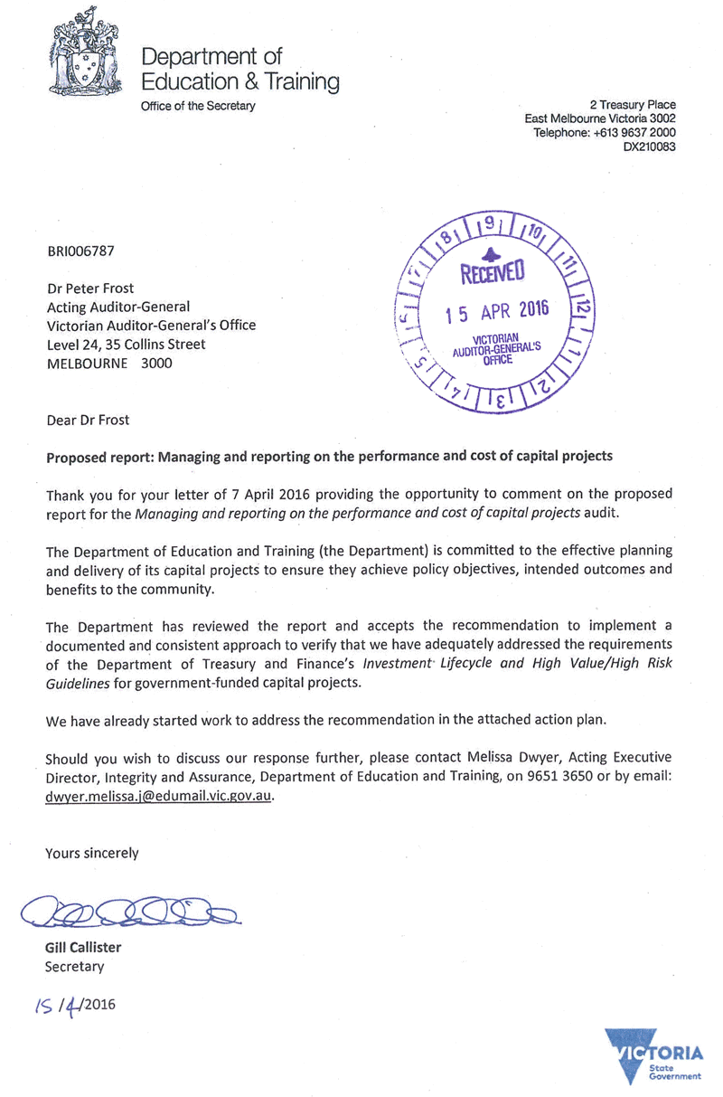 RESPONSE provided by the Secretary,
Department of Education & Training