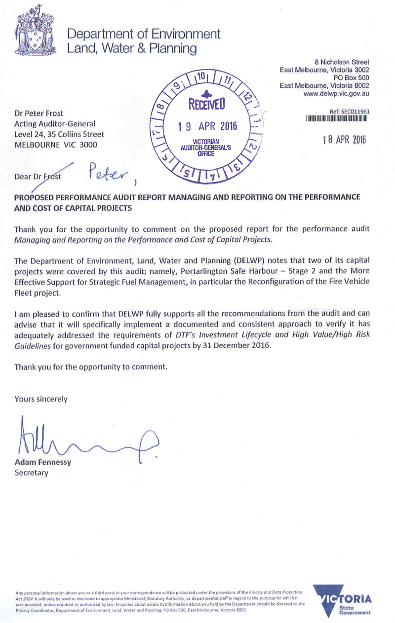 RESPONSE provided by the
Secretary, Department of Environment, Land, Water & Planning