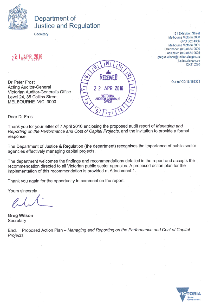 RESPONSE provided by the Secretary, Department of Justice & Regulation